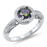 Sterling Silver Classy Solitaire Round Rainbow Topaz Cz with Halo Clear Cz RingAnd Face Height of 10MM