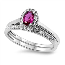 Load image into Gallery viewer, Sterling Silver 2-Pieces Engagement Ring Inlaid with Clear Czs and Centered Oval Cut Ruby Cz with Paved Halo Setting And Band Width of 2MM