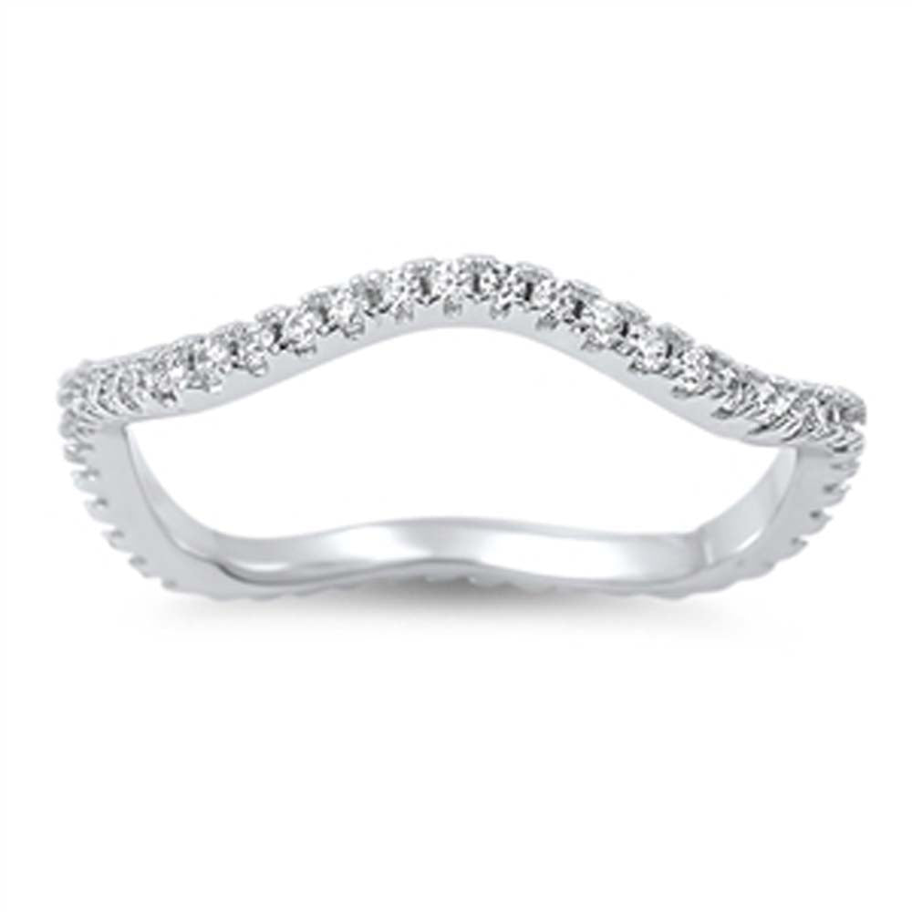Sterling Silver Wavy Stackable Band Ring Set with Round Cut Clear Cz StoneAnd Band Width of 3MM