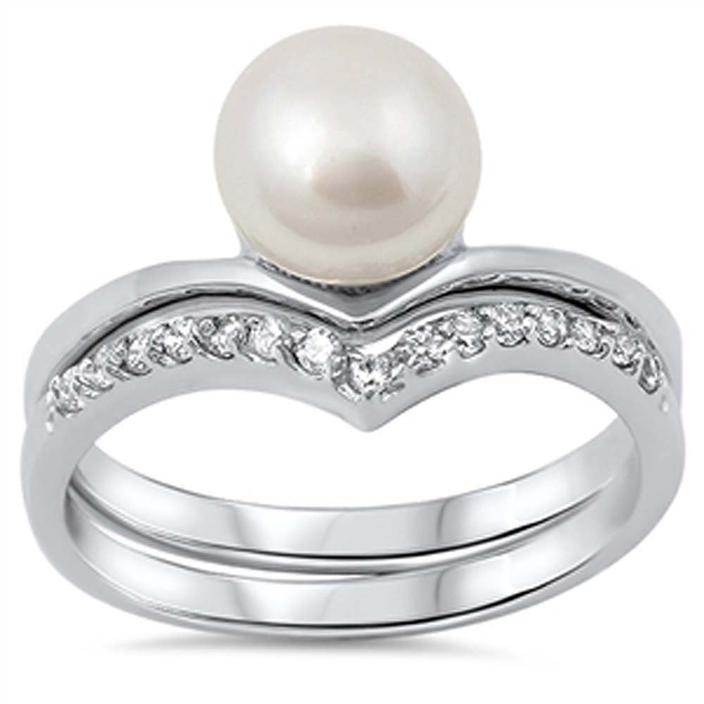 Sterling Silver Elegant Freshwater White Pearl Two-Pieces Chevron Band Engangement Ring Inlaid with Clear CzsAnd Band Width of 10MM
