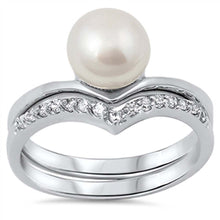 Load image into Gallery viewer, Sterling Silver Elegant Freshwater White Pearl Two-Pieces Chevron Band Engangement Ring Inlaid with Clear CzsAnd Band Width of 10MM