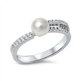 Sterling Silver Classy Band Ring Embedded with Clear Cz Stones and Centered White Freshwater PearlAnd Face Height of 5MM