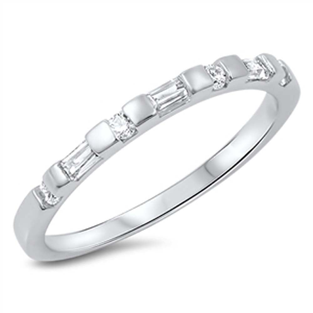 Sterling Silver Fancy Band Ring Set with Round and Straight Baguette Clear CzsAnd Face Height of 2MM