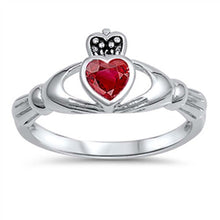 Load image into Gallery viewer, Sterling Silver Fancy Ruby Cz Stone Claddagh Ring with Face Heigt of 10MM