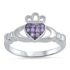 Sterling Silver Classy Amethyst CZ Claddagh Ring with Ring Face Height of 10MM