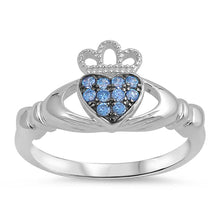 Load image into Gallery viewer, Sterling Silver Classy Aquamarine CZ Claddagh Ring with Ring Face Height of 10MM