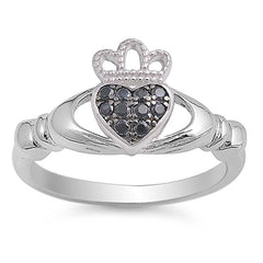 Sterling Silver Black CZ Claddagh Ring with Ring Face Height of 10MM