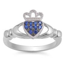 Load image into Gallery viewer, Sterling Silver Blue Sapphire CZ Claddagh Ring with Ring Face Height of 10MM