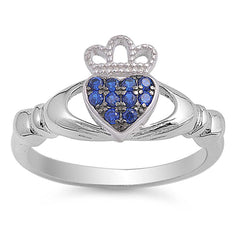 Sterling Silver Blue Sapphire CZ Claddagh Ring with Ring Face Height of 10MM