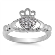 Load image into Gallery viewer, Sterling Silver Claddagh Shaped Clear CZ RingAnd Face Height10mm