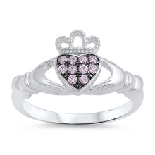 Load image into Gallery viewer, Sterling Silver Classy Pink CZ Claddagh Ring with Ring Face Height of 10MM