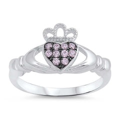 Sterling Silver Classy Pink CZ Claddagh Ring with Ring Face Height of 10MM