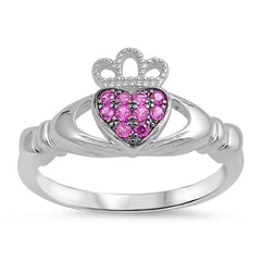 Sterling Silver Claddagh Shaped Ruby CZ RingAnd Face Height 10mm