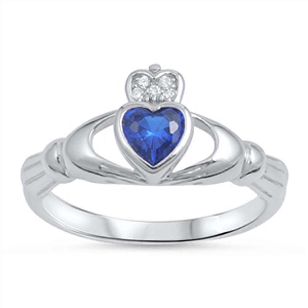Sterling Silver Claddagh Shaped Blue Sapphire CZ RingAnd Face Height 10mm