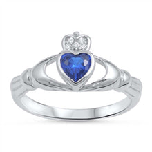 Load image into Gallery viewer, Sterling Silver Claddagh Shaped Blue Sapphire CZ RingAnd Face Height 10mm