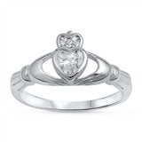 Sterling Silver Claddagh Shaped Clear CZ RingAnd Face Height 10mm
