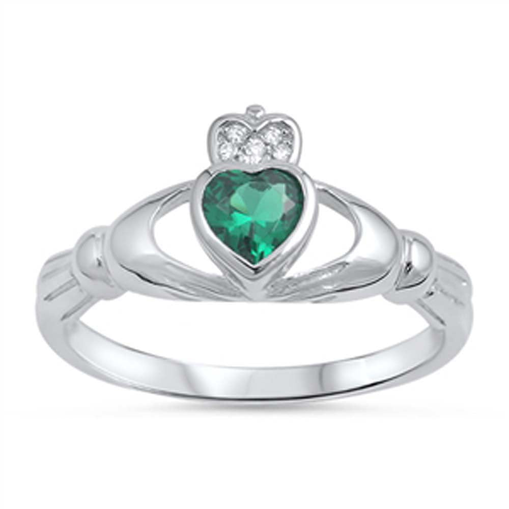 Sterling Silver Claddagh Shaped Emerald CZ RingAnd Face Height 10mm