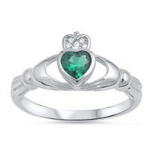 Load image into Gallery viewer, Sterling Silver Claddagh Shaped Emerald CZ RingAnd Face Height 10mm