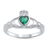 Sterling Silver Claddagh Shaped Emerald CZ RingAnd Face Height 10mm
