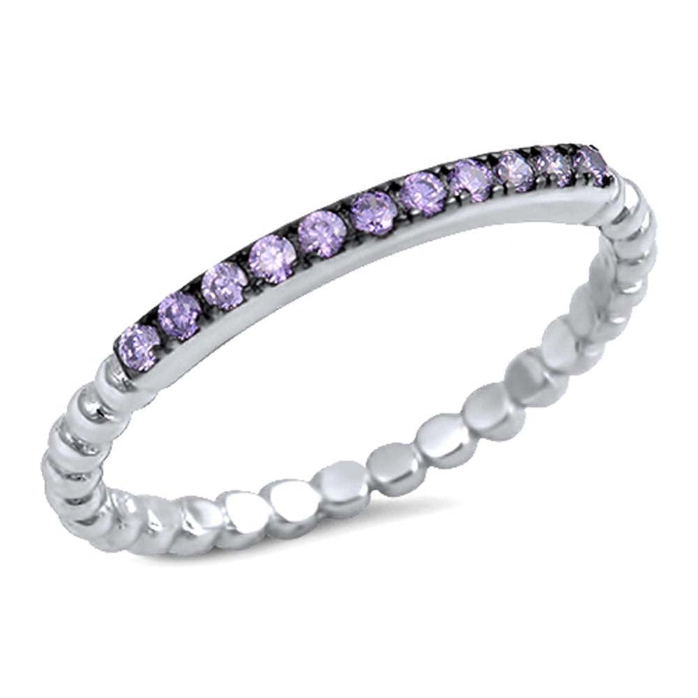 Sterling Silver Fancy Pave Set Amethyst CZ Bead Band Stackable Ring with Ring Face Height of 2MM