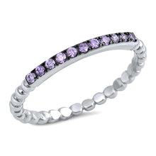 Load image into Gallery viewer, Sterling Silver Fancy Pave Set Amethyst CZ Bead Band Stackable Ring with Ring Face Height of 2MM