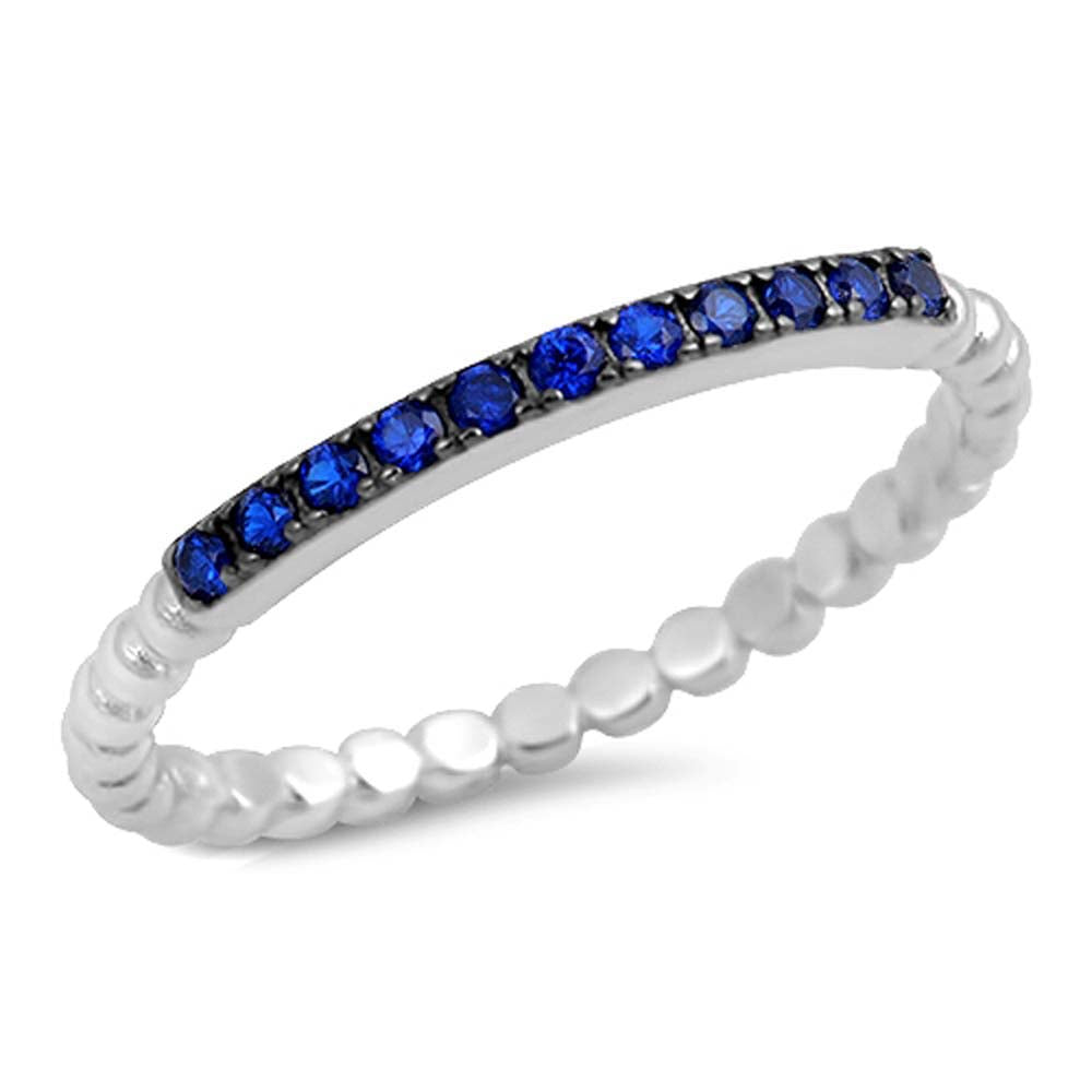 Sterling Silver Fancy Pave Set Blue Sapphire CZ Bead Band Stackable Ring with Ring Face Height of 2MM