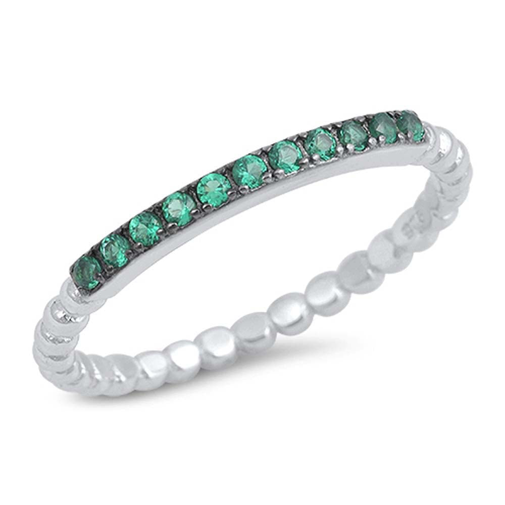 Sterling Silver Fancy Pave Set Emerald CZ Bead Band Stackable Ring with Ring Face Height of 2MM