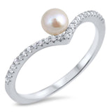 Sterling Silver Rhodium Plated Round Simulated Pearl With Clear CZ RingAnd Face Height 6mm