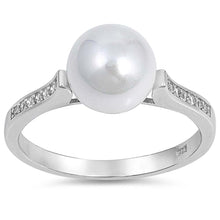 Load image into Gallery viewer, Sterling Silver Round Shaped Simulated Pearl And Clear CZ RingAnd Face Height 9mm