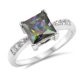 Sterling Silver Rainbow Topaz Square Shaped Clear CZ RingsAnd Face Height 8mm