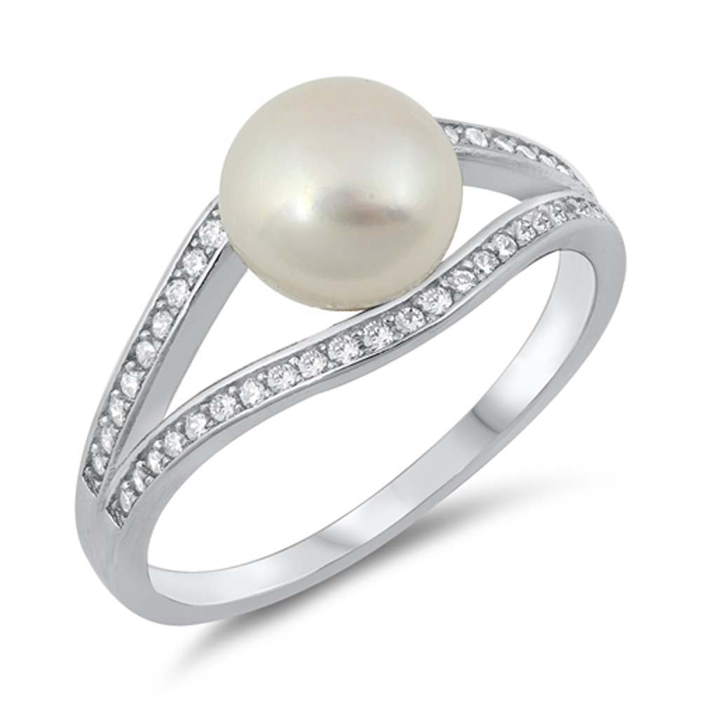Sterling Silver Round Shaped Ring With Clear CZ And Fresh Water Pearl