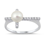 Sterling Silver Cross Shaped Ring With CZ Stones And Freshwater Pearl