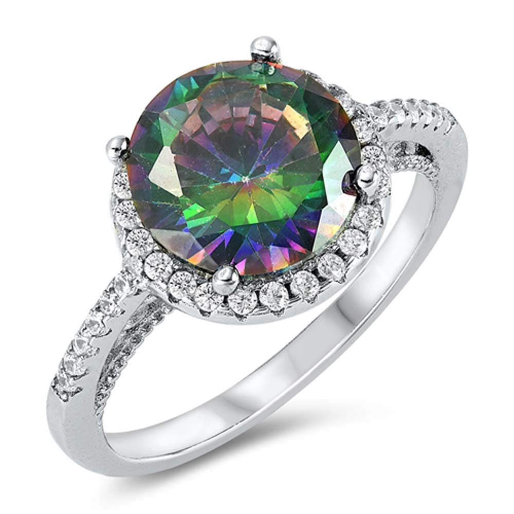 Sterling Silver Rhodium Plated Round With Rainbow Topaz And Cubic Zirconia Ring