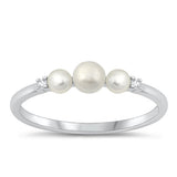 Sterling Silver Rhodium Plated Clear CZ and Pearl Ring-4mm
