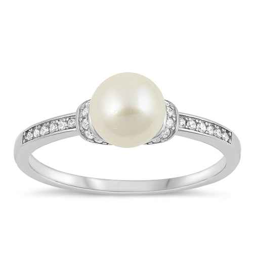 Sterling Silver Rhodium Plated Clear CZ and Freshwater Pearl Ring