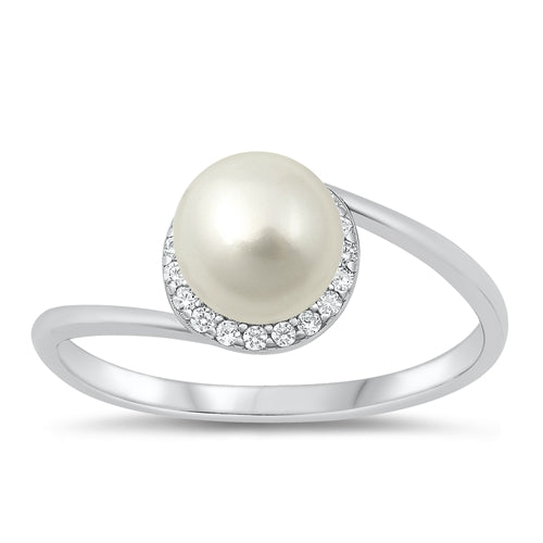 Sterling Silver Rhodium Plated Clear CZ and Pearl Ring-8.5mm