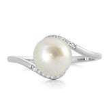Sterling Silver Rhodium Plated Round Clear CZ And Freshwater Pearl Ring