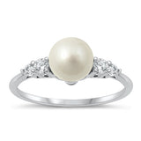 Sterling Silver Rhodium Plated Clear CZ and Freshwater Pearl Ring-7.9mm