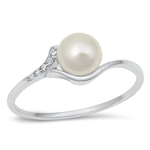 Sterling Silver Rhodium Plated Freshwater Pearl Clear CZ Ring-7mm