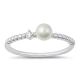 Sterling Silver Rhodium Plated Clear CZ and Pearl Ring-5mm
