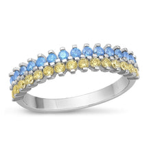 Load image into Gallery viewer, Sterling Silver Rhodium Plated Blue And Yellow CZ Eternity Ring Face Height-5.2mm