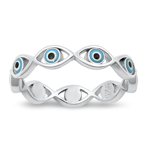 Sterling Silver Rhodium Plated Evil Eye Ring Face Height-3.6mm