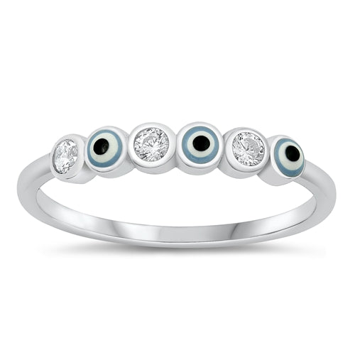 Sterling Silver Rhodium Plated Evil Eye Clear CZ Ring Face Height-3.1mm