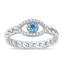 Load image into Gallery viewer, Sterling Silver Rhodium Plated Evil Eye Clear And Blue CZ Ring Face Height-7.1mm