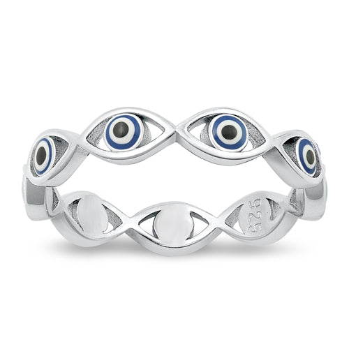 Sterling Silver Rhodium Plated Evil Eye Ring Face Height-3.7mm