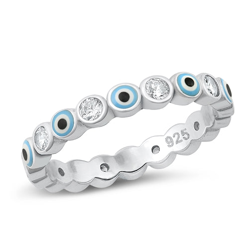 Sterling Silver Rhodium Plated Evil Eye Clear CZ Ring Face Height-0.8mm