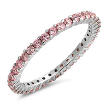 Load image into Gallery viewer, Sterling Silver Classy Stackable Ring with Pink Simulated Crystals on Half-Bezel Setting with Rhodium FinishAnd Band Width 2MM