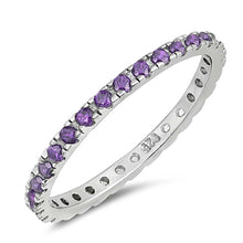 Load image into Gallery viewer, Sterling Silver Rhodium Plated Round Amethyst Wedding Band Shaped Clear CZ RingAnd Band Width 2mm