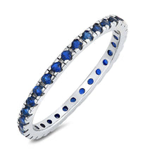 Load image into Gallery viewer, Sterling Silver Rhodium Plated Round Blue Sapphire Wedding Band Shaped Clear CZ RingAnd Band Width 2mm