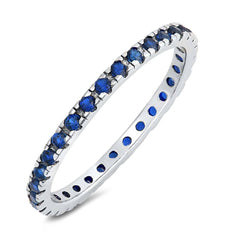 Sterling Silver Rhodium Plated Round Blue Sapphire Wedding Band Shaped Clear CZ RingAnd Band Width 2mm